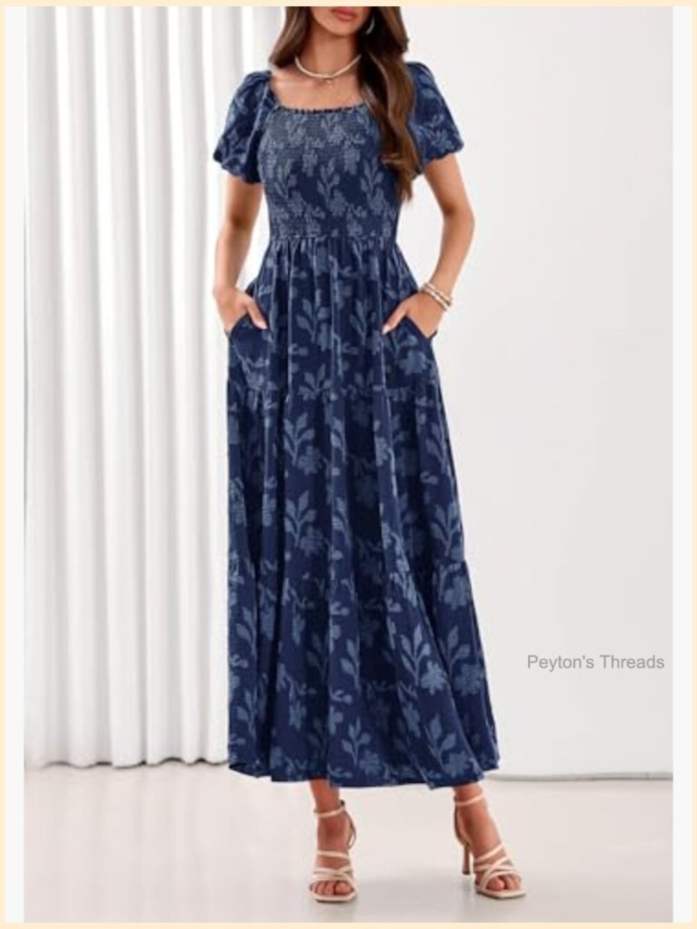 Boho Maxi Dress Floral Short Sleeve Square Neck Smocked Flowy Long Vacation - Picture 6 of 7